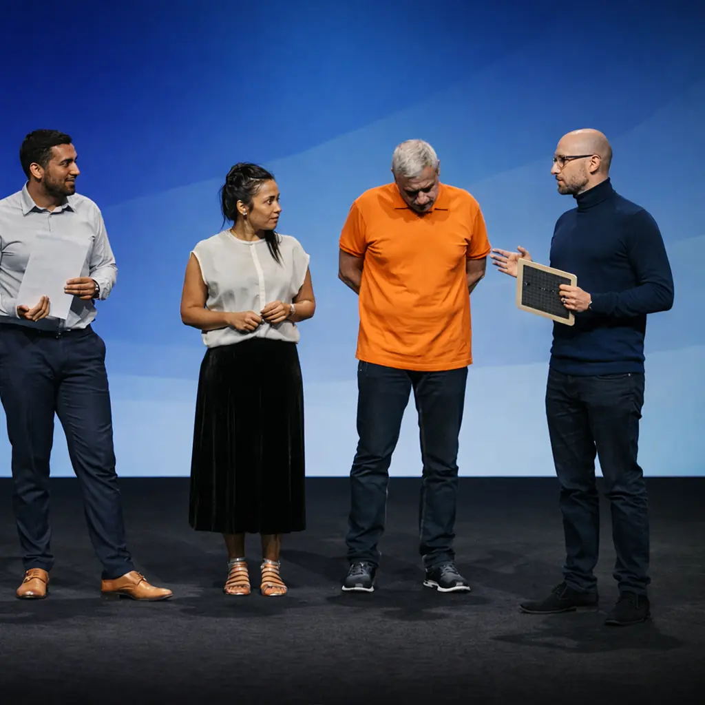 Zachary sur scène devant un public corporate